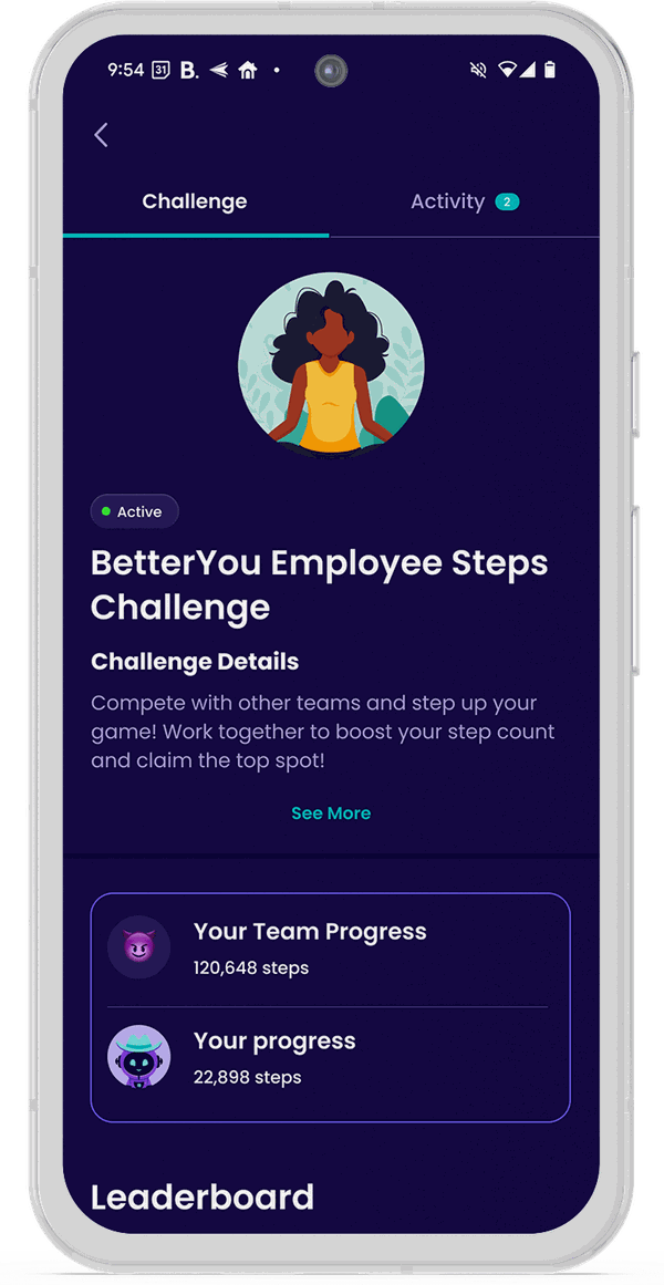 The BetterYou app showing an active steps challenge with team progress and a leaderboard