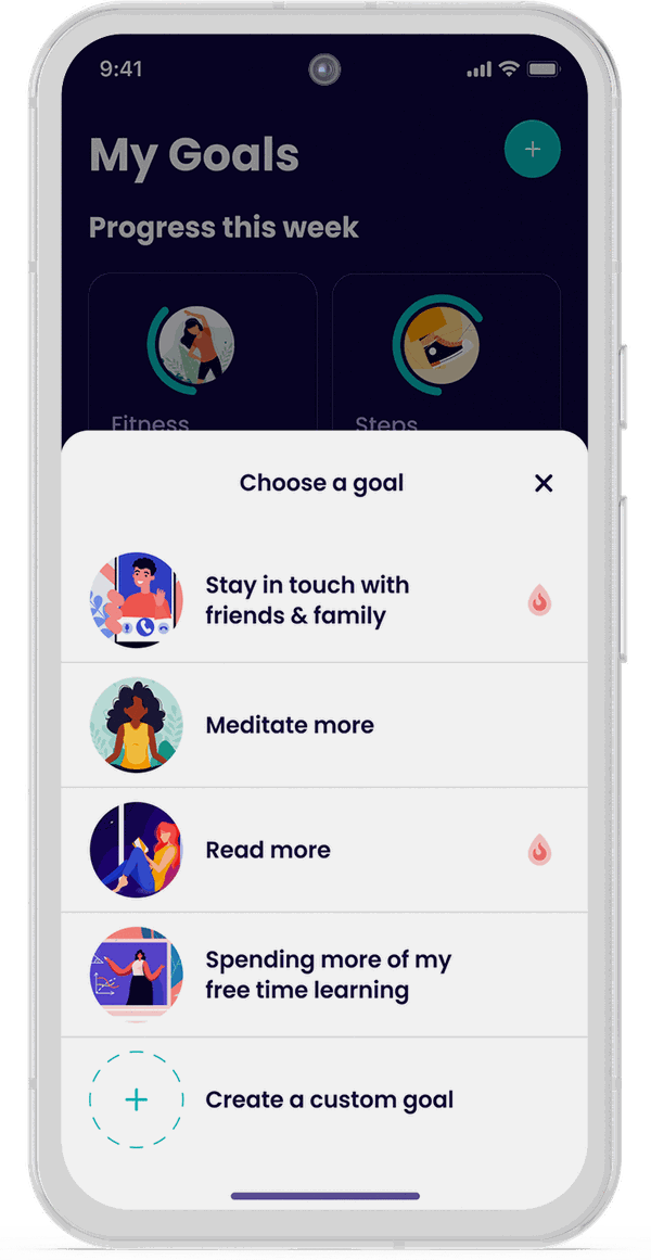 The BetterYou goal picker, offering goals such as staying in touch, meditating, and reading